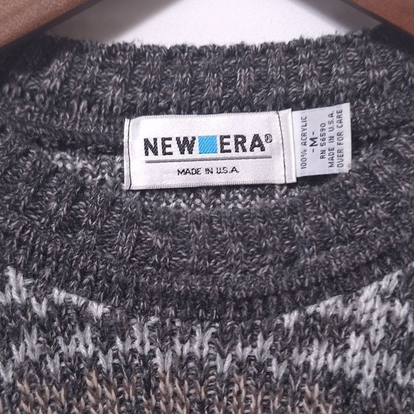 VTG New Era Knit Sweater Mens M USA Made Geometric Crewneck Grandpa Core Retro - Picture 5 of 12